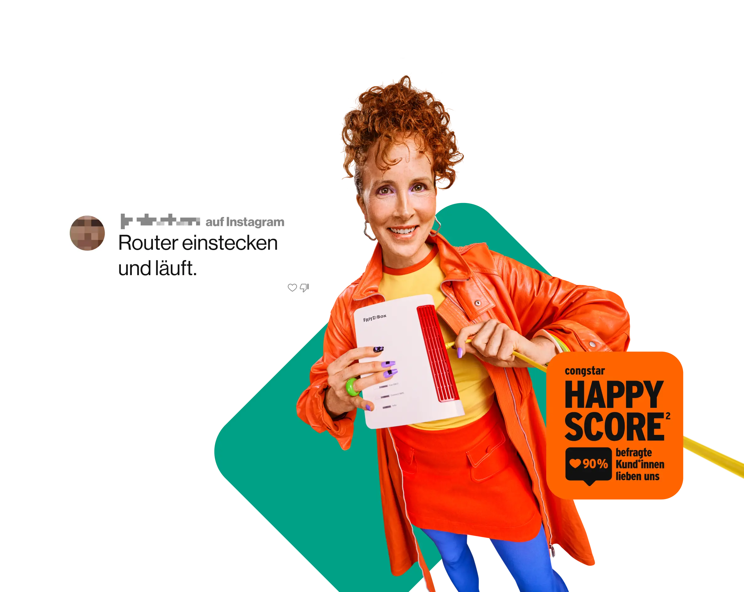 Ein Social Media Kommentar auf Instagram: "Router einstecken und läuft." congstar Happy Score Badge². 90 % befragte Kund*innen lieben uns.