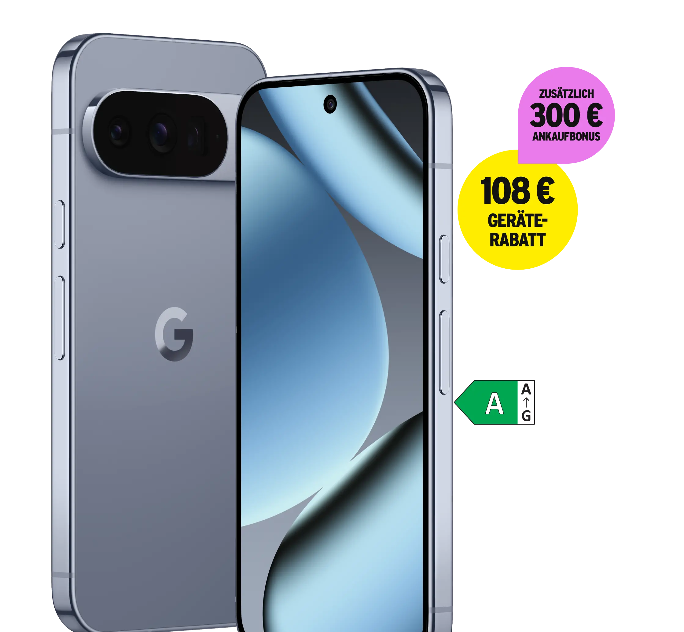 Seitliche Vorder- und Rückansicht Google Pixel 10 Pro. 108 € Geräterabatt. Zusätzlich 300 € Ankaufbonus. Energieeffizienzklasse A.