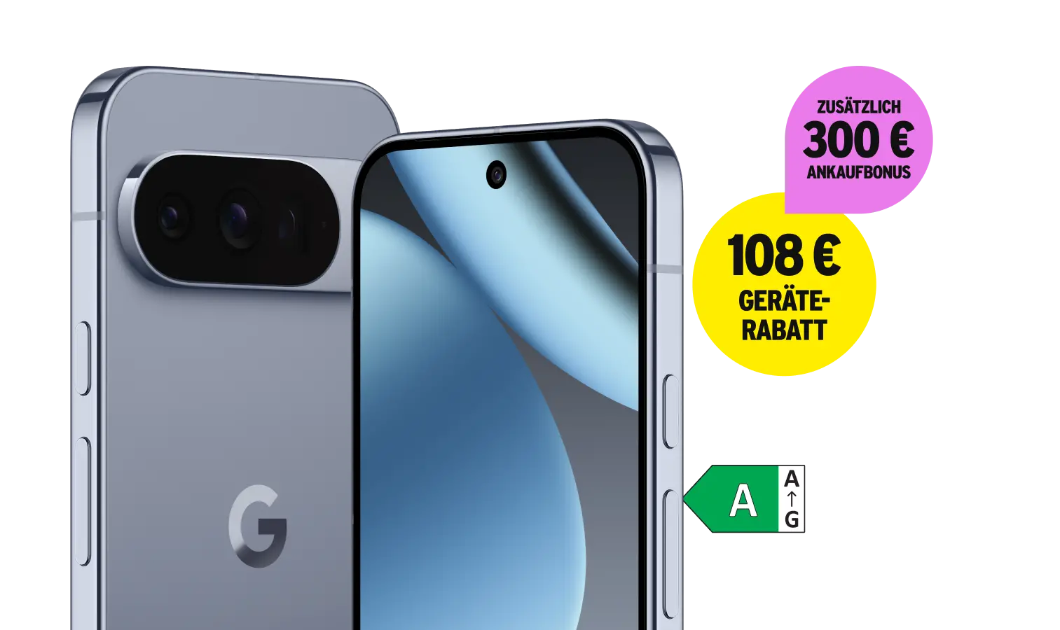 Seitliche Vorder- und Rückansicht Google Pixel 10 Pro. 108 € Geräterabatt. Zusätzlich 300 € Ankaufbonus. Energieeffizienzklasse A.