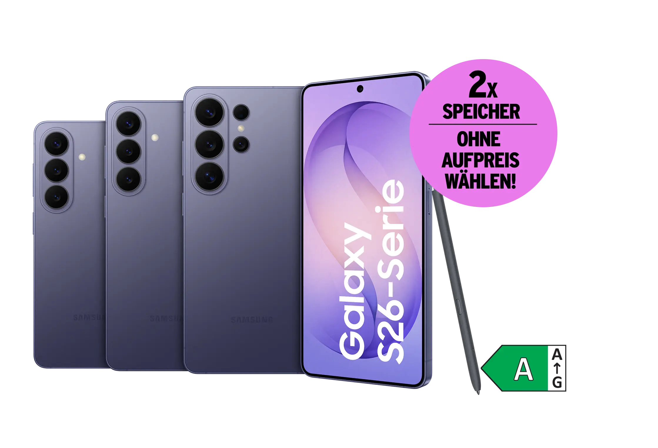 Samsung Galaxy S26 Serie. Energieeffizienzklasse A. Doppelten Speicher ohne Aufpreis wählen.