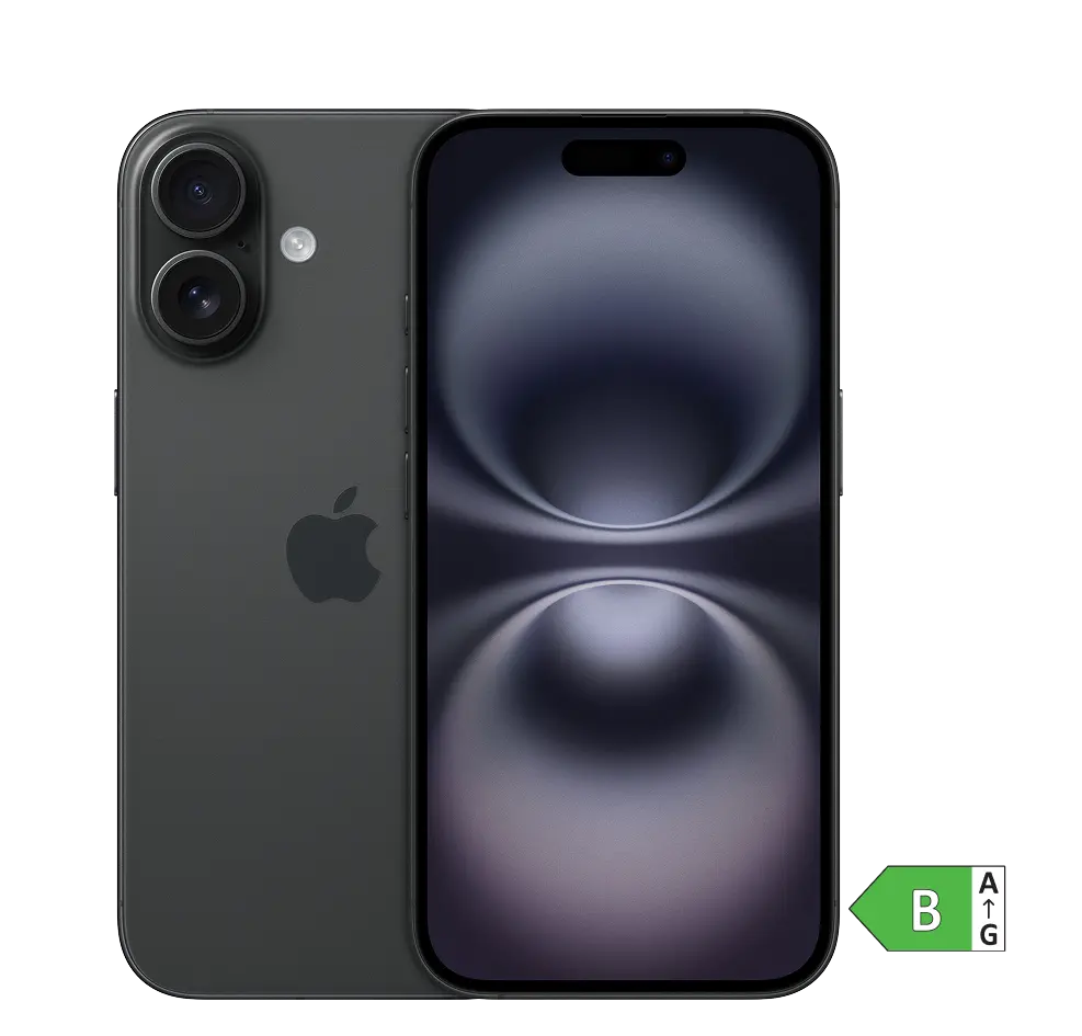 Vorder- und Rückansicht iPhone 16. Energieeffizienzklasse B.