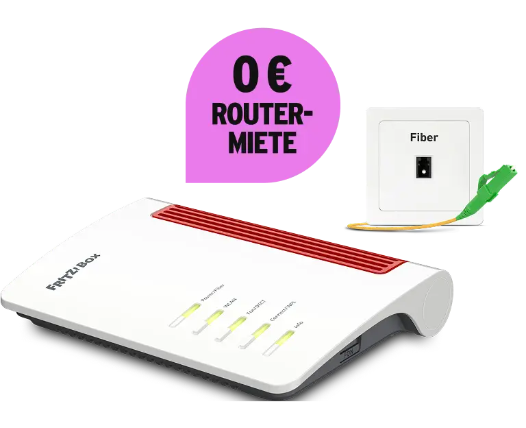 FRITZ!Box 5630 Router mit leuchtenden Status-LEDs, daneben eine Glasfaser-Wandsteckdose mit der Aufschrift „Fiber“ und ein gelbes Glasfaser-Kabel mit Stecker. 0 € Routermiete.