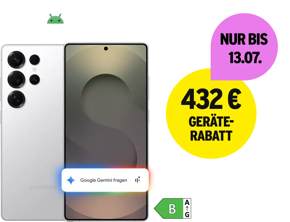Samsung Galaxy S25 Ultra mit Energieklasse B. 432 € Geräterabatt. Nur bis zum 13. Juli.