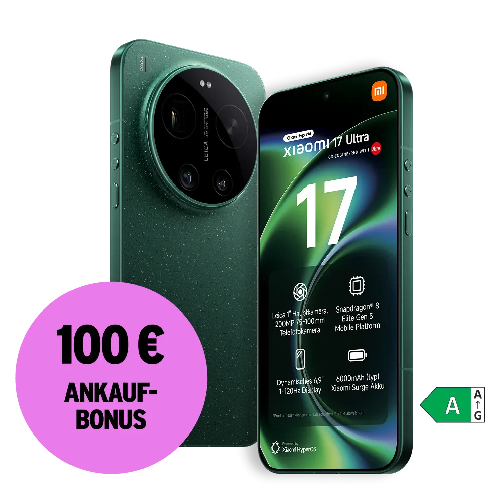 Schräge Vorder- und Rückansicht Xiaomi 17 Ultra Grün. Energieeffizienzklasse A. 100 € Ankaufbonus.
