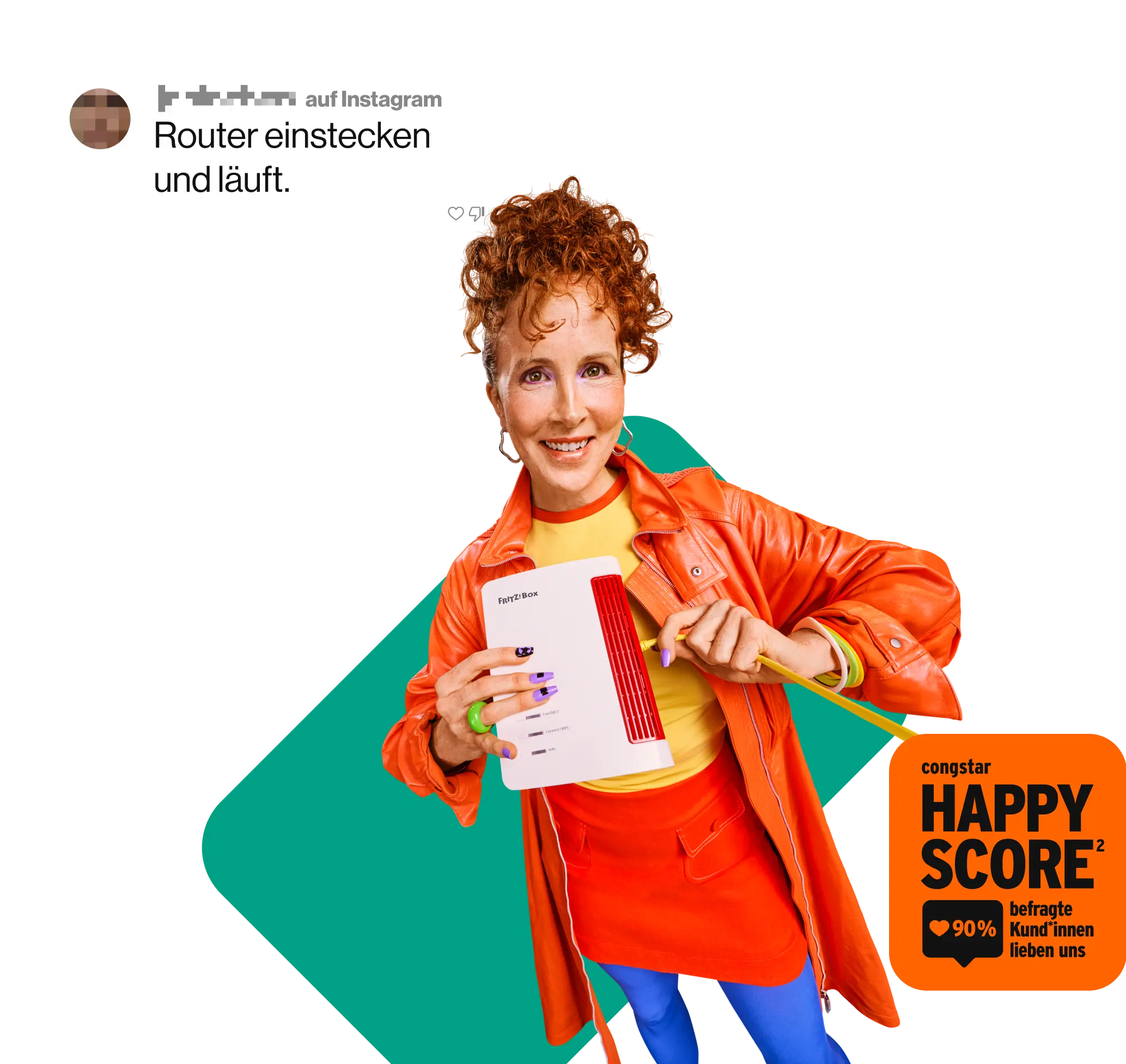 Ein Social Media Kommentar auf Instagram: "Router einstecken und läuft." congstar Happy Score Badge². 90 % befragte Kund*innen lieben uns.