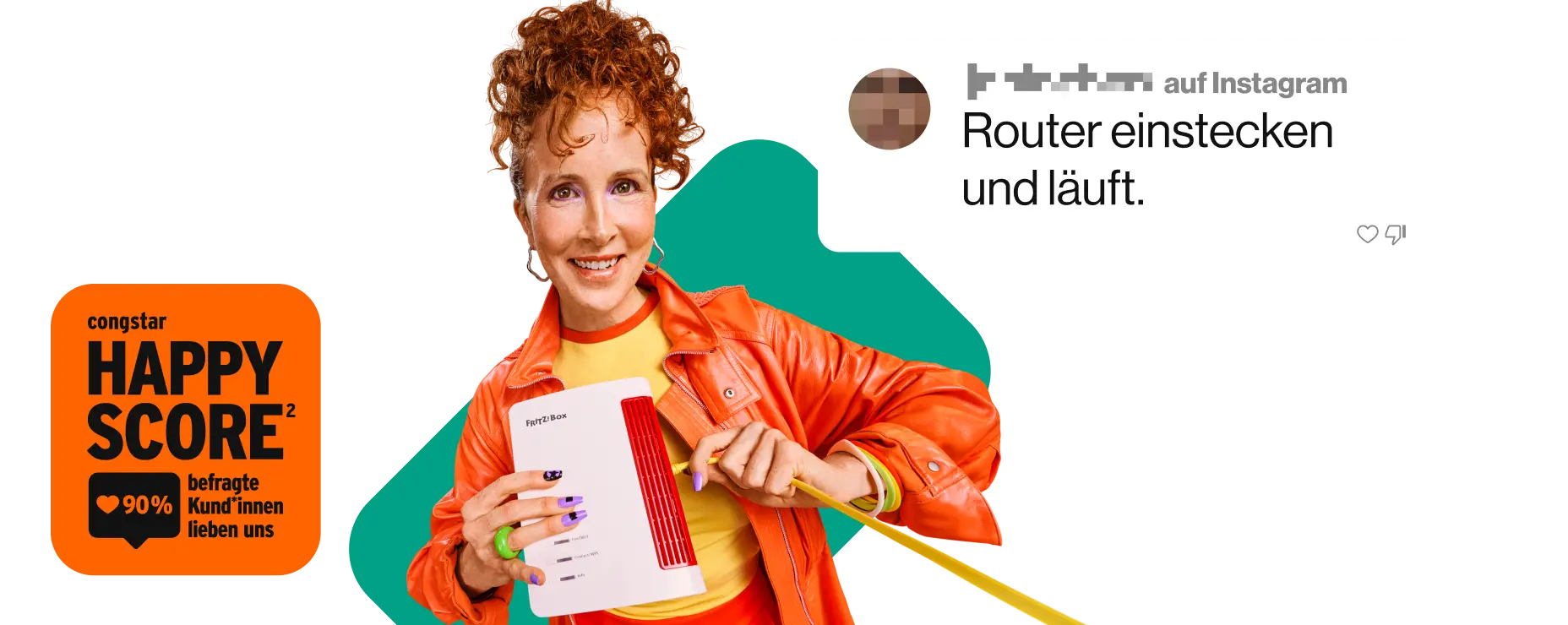 Ein Social Media Kommentar auf Instagram: "Router einstecken und läuft." congstar Happy Score Badge². 90 % befragte Kund*innen lieben uns.