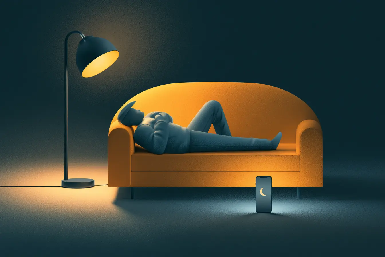 Animierter Mann liegt auf einem Sofa und vor ihm steht ein Handy im "Nicht stören"-Modus