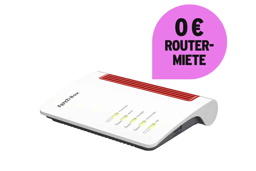 Schräge Vorderansicht Glasfaser Router FRITZ!Box 5530 Fiber. 0 € Routermiete.