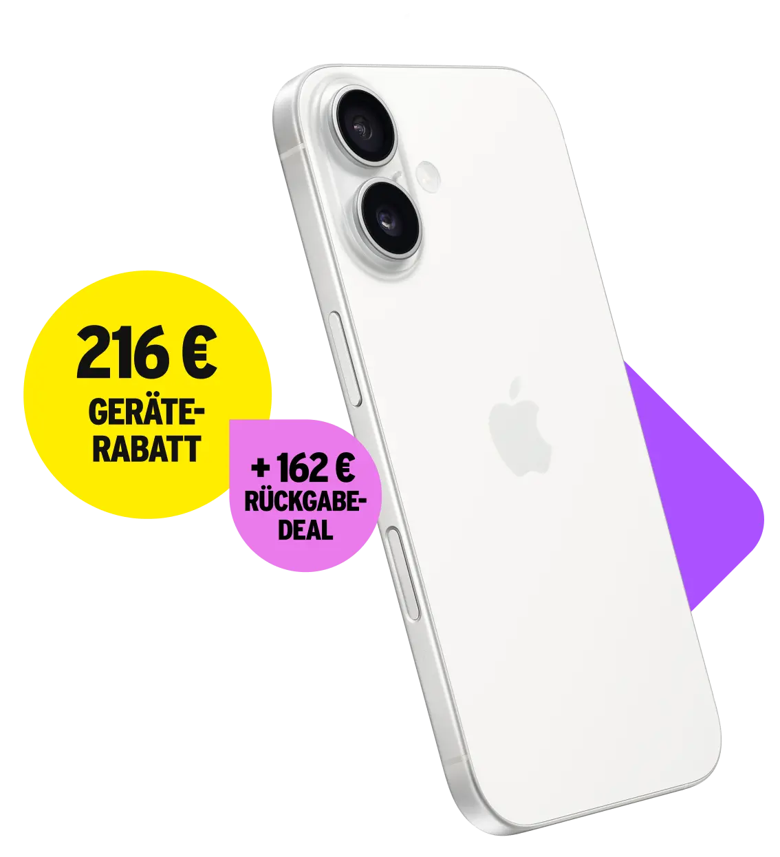 z.B. mit Apple iPhone 16. 216 € Geräte-Rabatt + 162 € Rückgabe-Deal