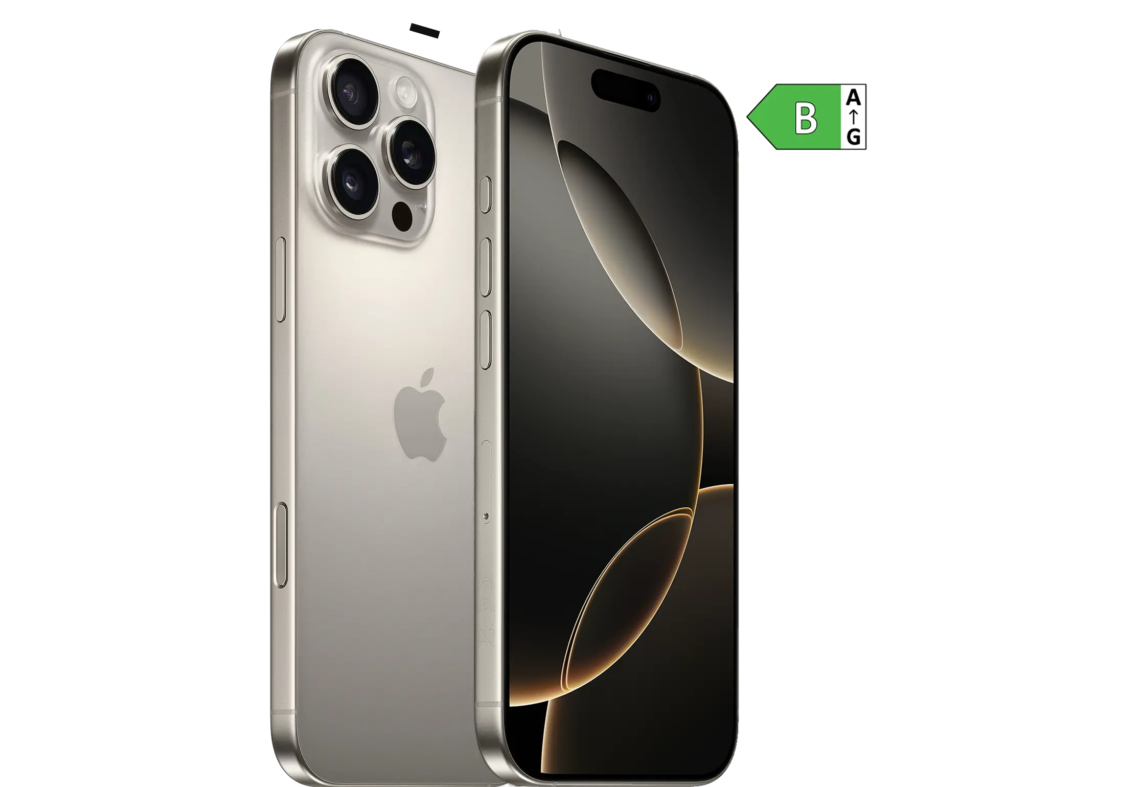 Seitliche Vorder- und Rückansicht iPhone 16 Pro Max. Energieeffizienzklasse B.