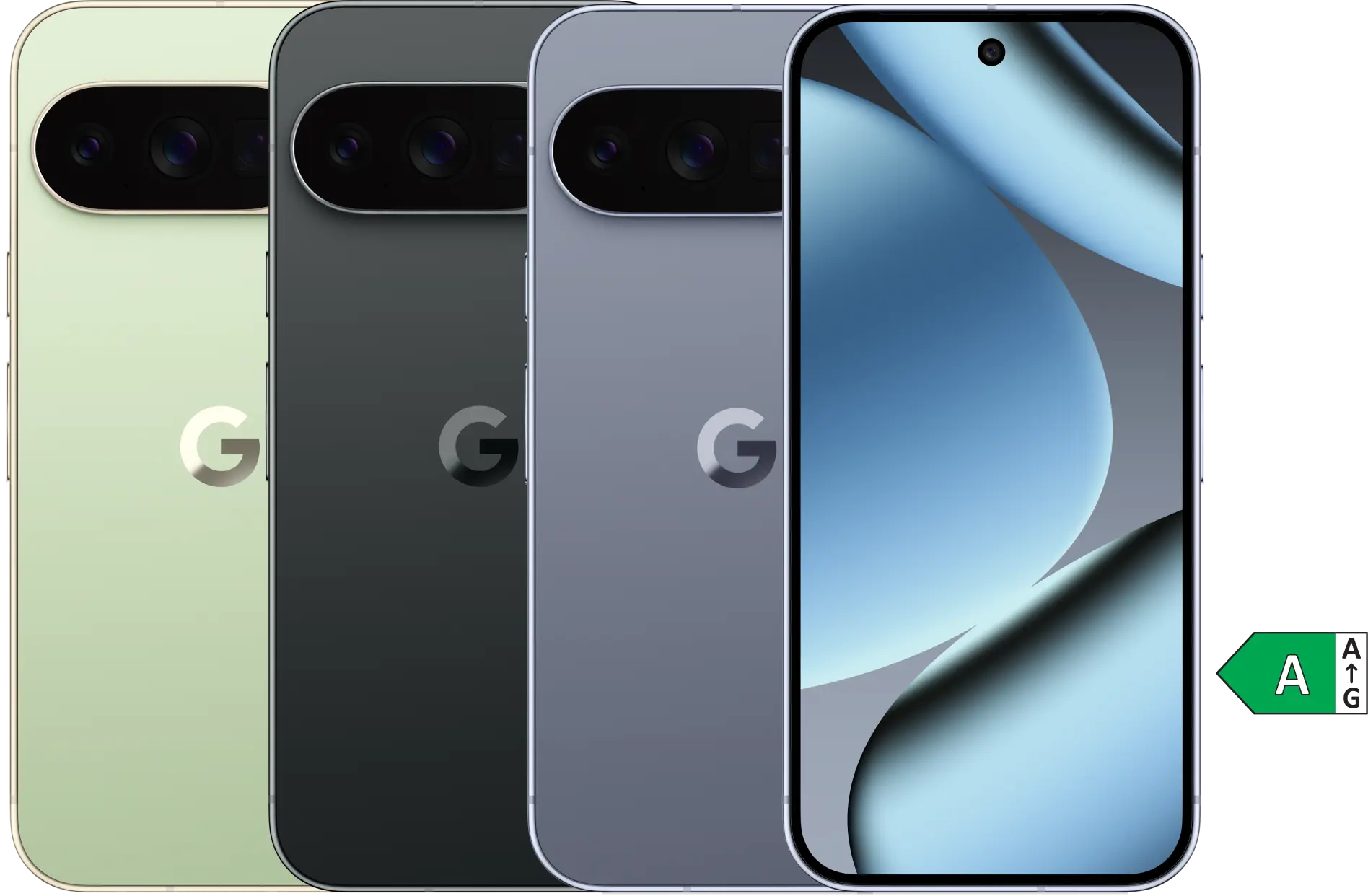 Google Pixel 10 Pro in verschiedenen Farben. Energieeffizienzklasse A.