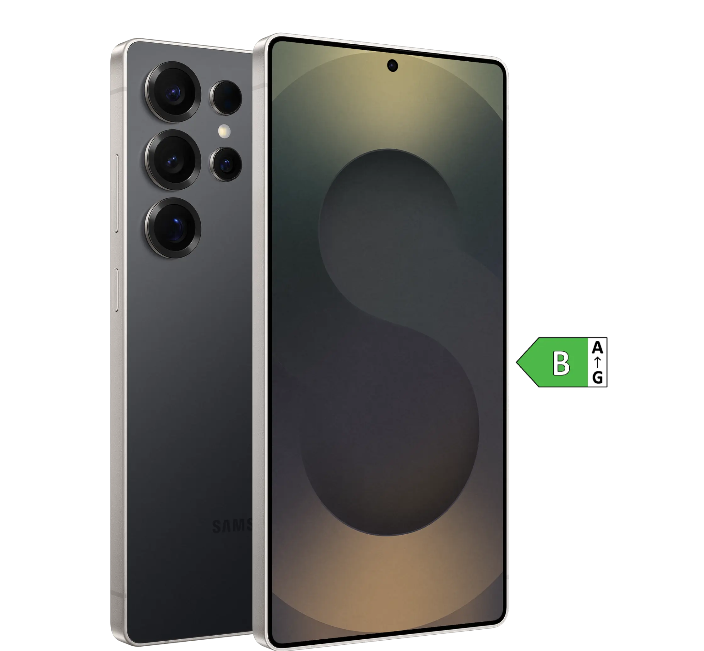 Vorder- und Rückansicht Samsung Galaxy S25 Ultra. Energieeffizienzklasse B.