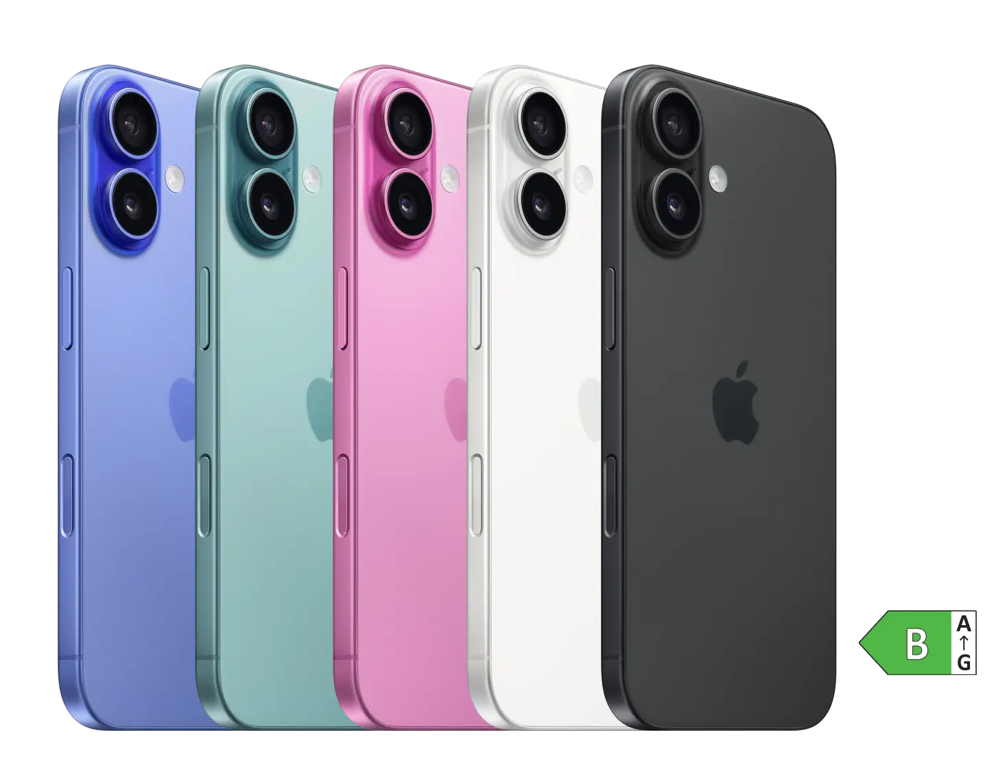 iPhone 16 in fünf verschiedenen Farben. Energieeffizienzklasse B.