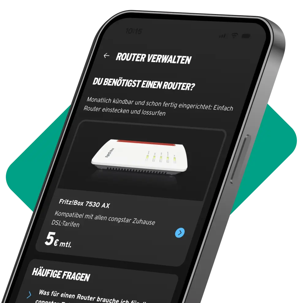 congstar App: Bereich Router verwalten mit Angebot Fritz!Box 7530 AX für 5 € monatlich.