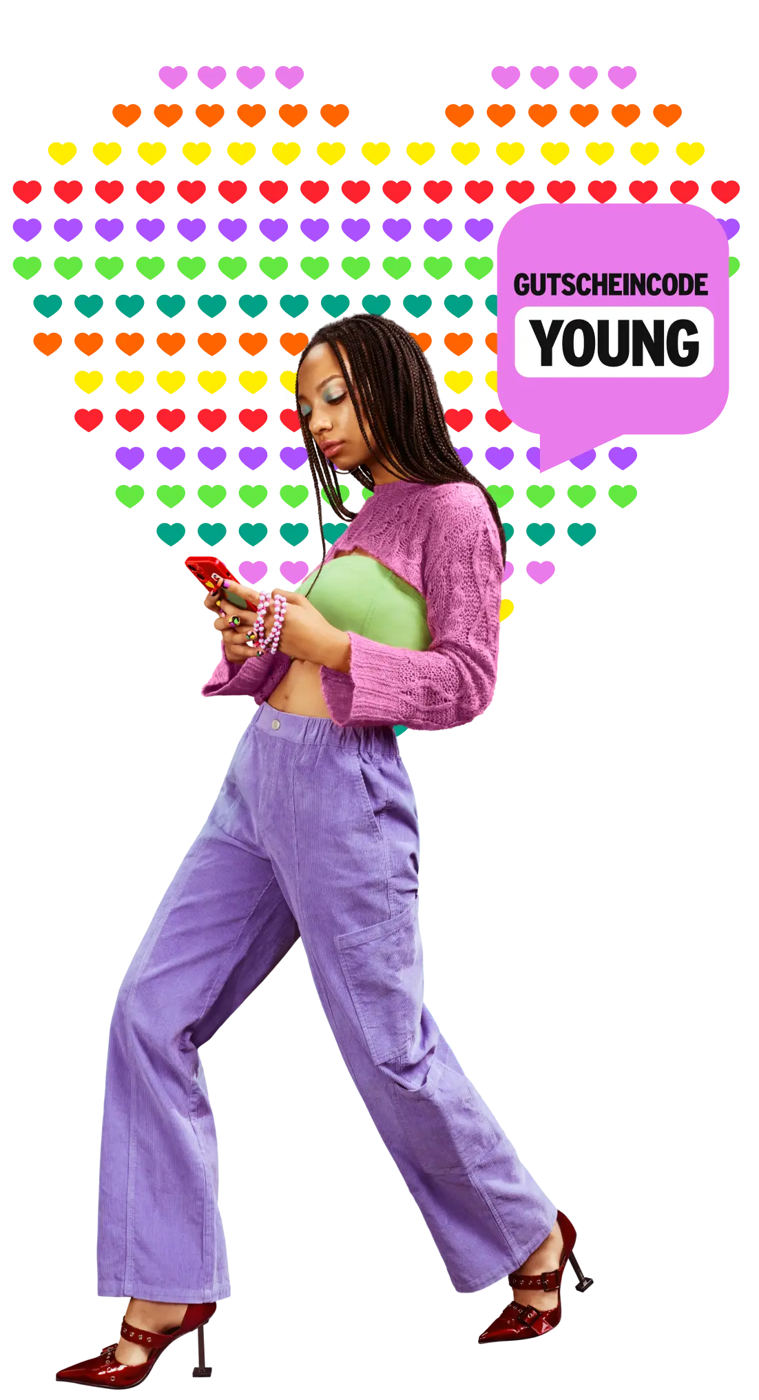 Junge Frau mit Smartphone, Gutscheincode: Young