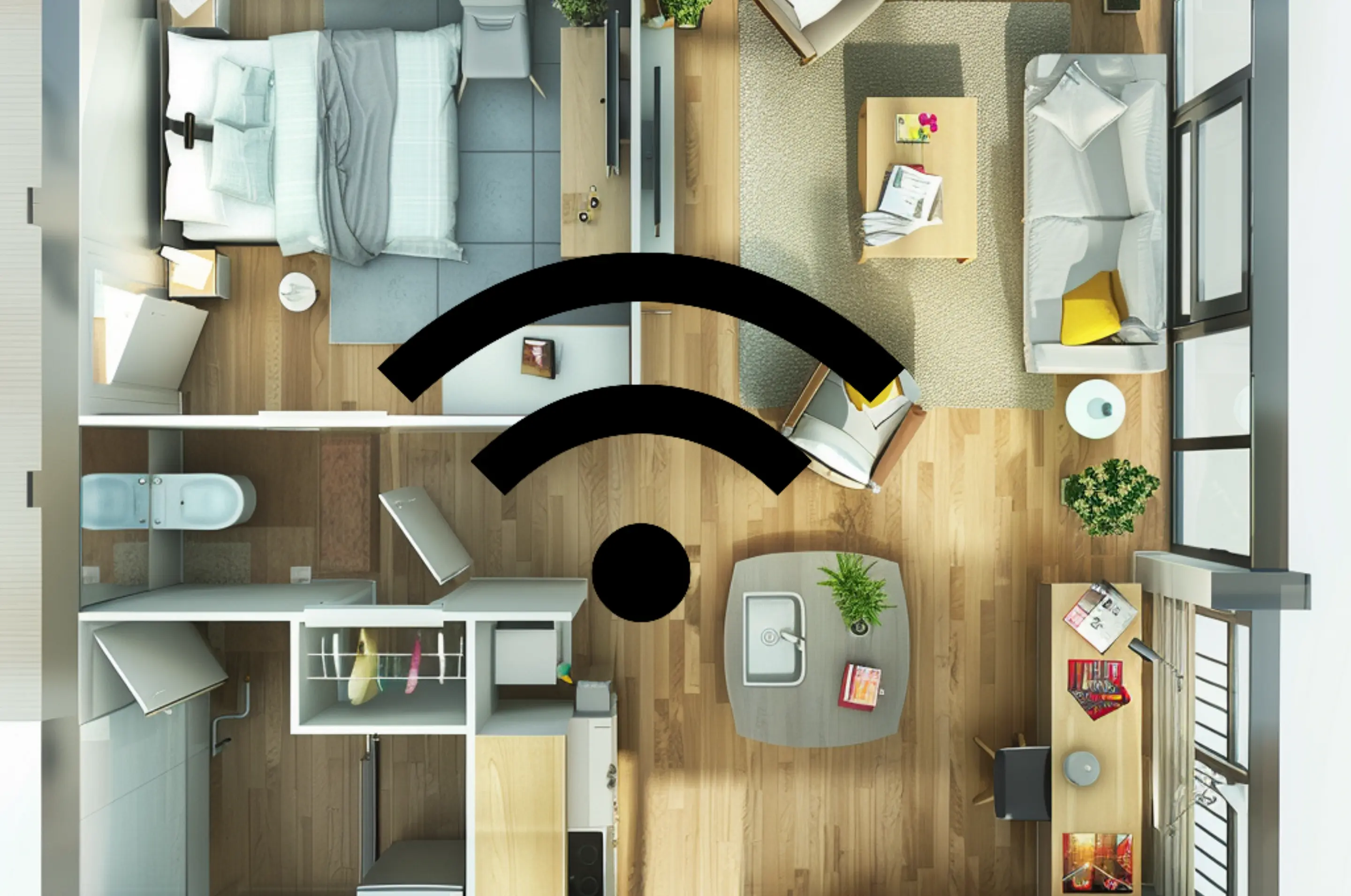 Grundriss einer Wohnung von oben mit schwarzem WLAN Symbol darüber gelegt