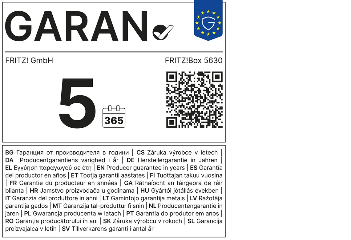 GARAN-Kennzeichnung: FRITZ! GmbH gewährt für FRITZ!Box 5630 eine Herstellergarantie von 5 Jahren, mit QR-Code und mehrsprachiger Übersetzungsliste des Begriffs „Herstellergarantie in Jahren".