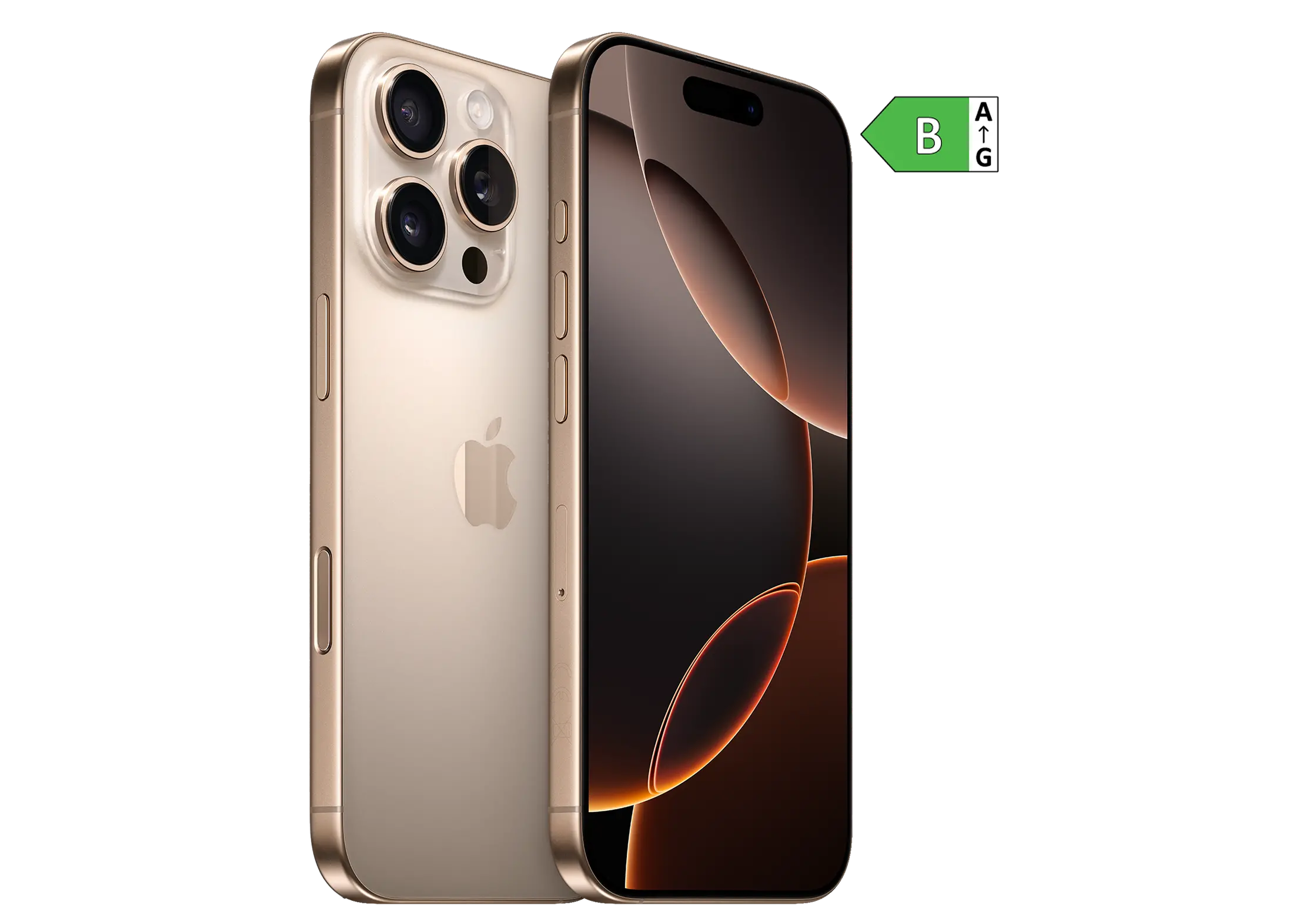 Seitliche Vorder- und Rückansicht iPhone 16 Pro. Energieeffizienzklasse B.