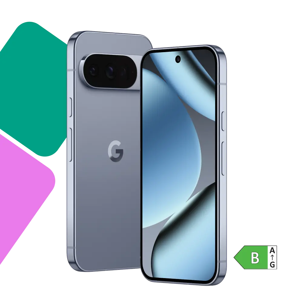 Schräge Vorder- und Rückansicht Google Pixel 10 Pro XL. Energieeffizienzklasse B.