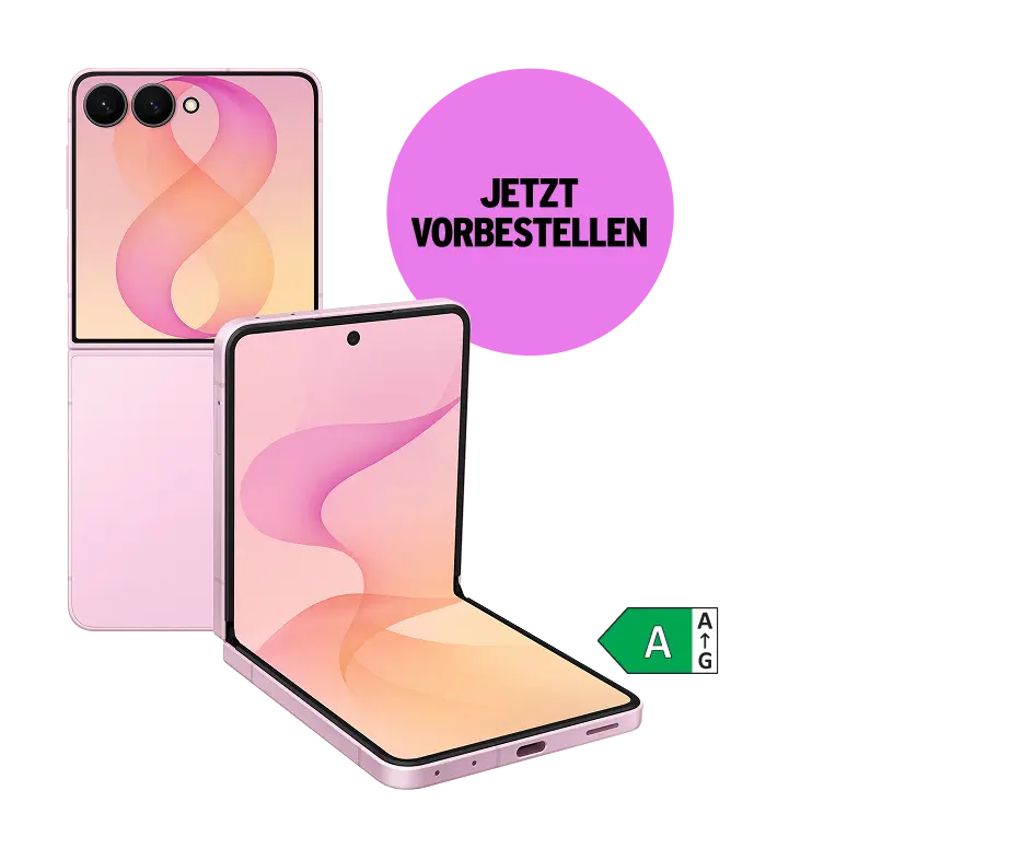 Rück- und Vorderansicht Samsung Galaxy Z Flip8 in pink aufgeklappt. Störer "Jetzt vorbestellen". Energieeffizienzklasse A.