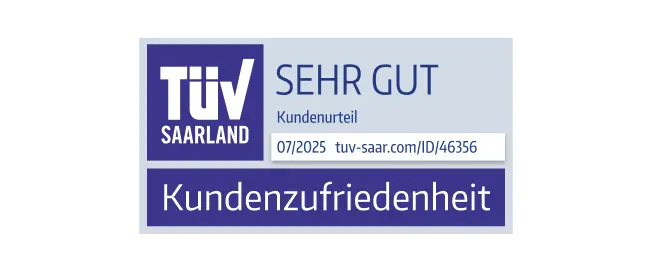 TÜV Saarland Siegel mit der Bewertung "SEHR GUT" im Bereich Kundenzufriedenheit