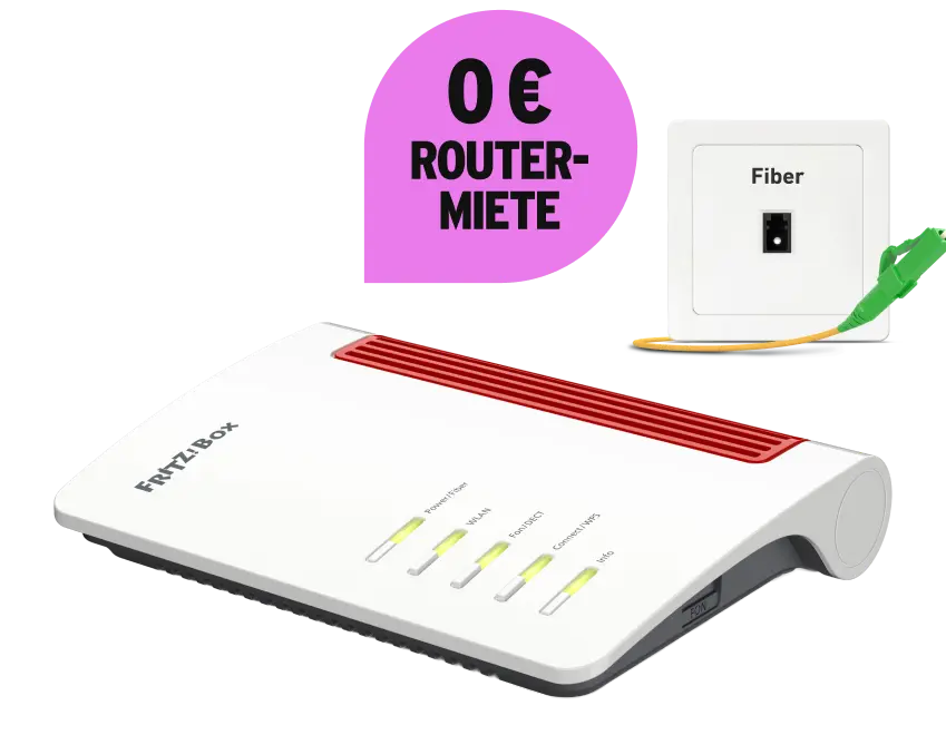 FRITZ!Box 5530 Fiber Router mit leuchtenden Status-LEDs, daneben eine Glasfaser-Wandsteckdose mit der Aufschrift „Fiber“ und ein gelbes Glasfaserkabel mit grünem Stecker. 0 € Routermiete.