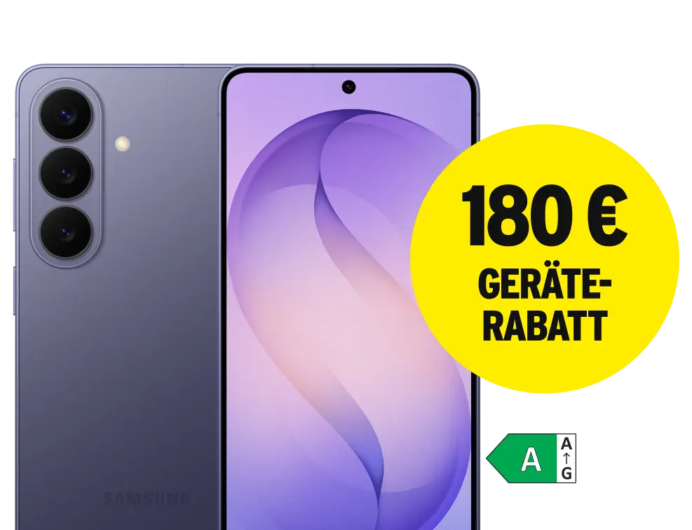 Vorder- und Rückansicht Samsung Galaxy S26 Cobalt Violet. Energieeffizienzklasse A. 180 € Geräte-Rabatt.