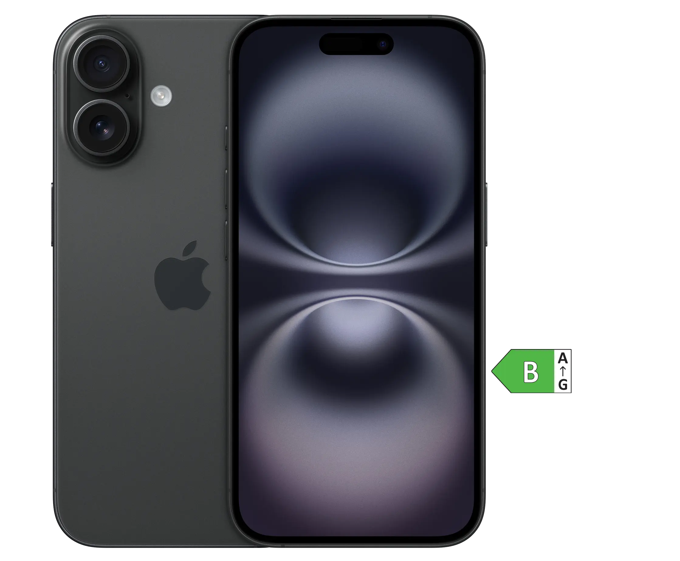 Vorder- und Rückansicht iPhone 16. Energieeffizienzklasse B.