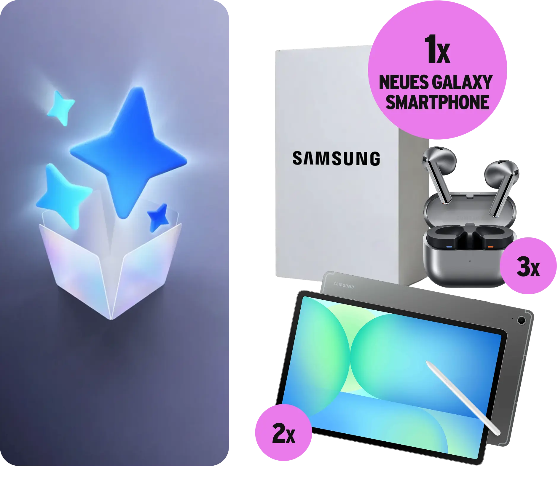 Abbildung der Gewinne:1x neues Galaxy Smartphone, 3x Samsung Galaxy Buds3, 2x Samsung Galaxy Tab S10 FE+ 128 GB in Grau.