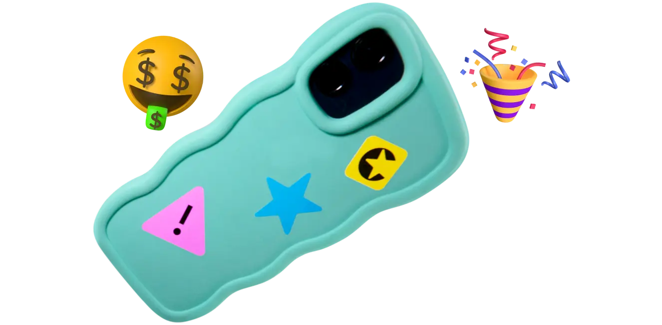Smartphone in Hülle mit gewelltem Rand und drei Aufklebern (Warnsymbol, blauer Stern, gelbes Symbol); daneben ein Geld-Emoji und ein Party-Popper.
