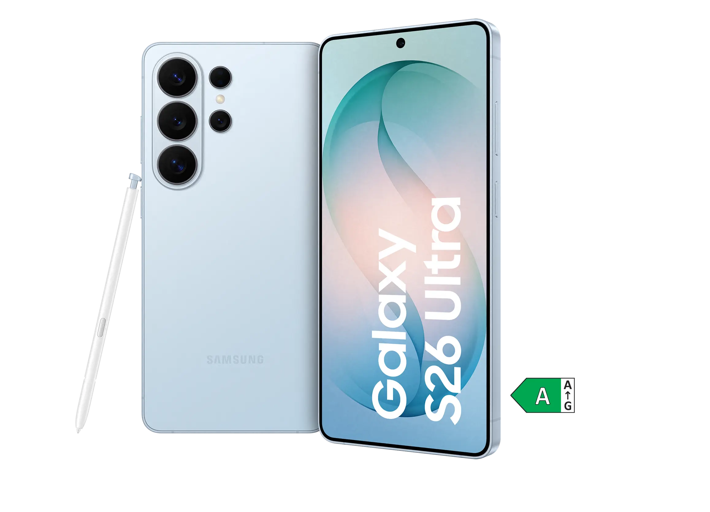 Vorder- und Rückansicht Samsung Galaxy S26 Ultra mit S-Pen. Energieeffizienzklasse A.