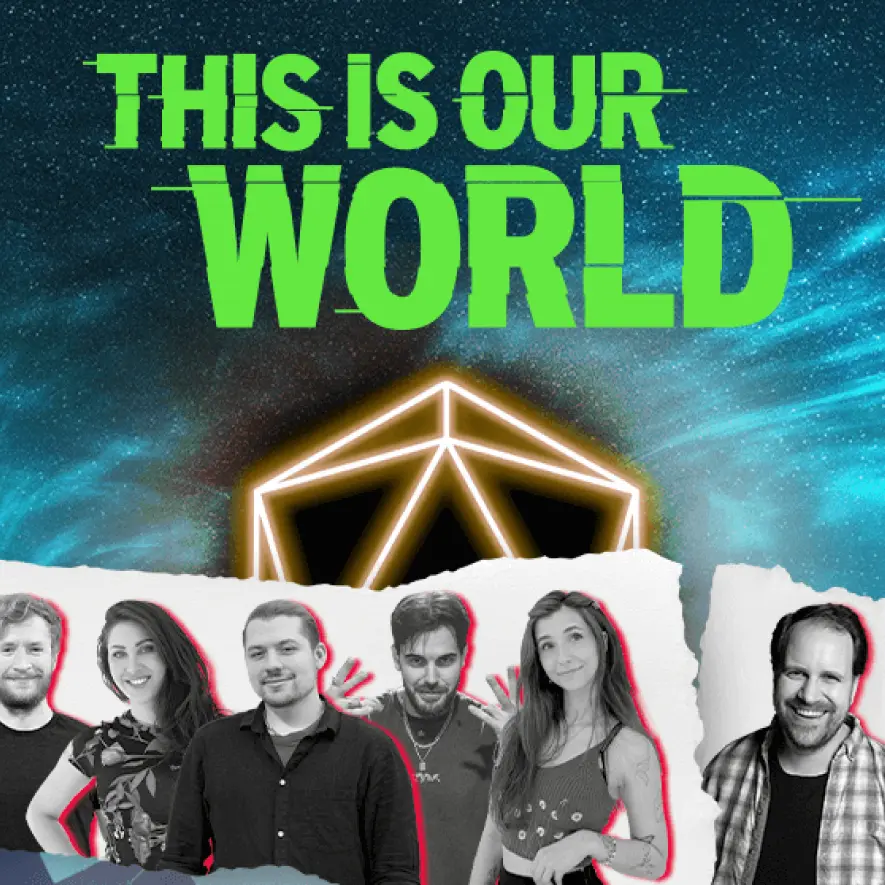 Sieben Mitglieder des congstar Gaming Teams vor futuristischem Weltraum-Hintergrund mit dem Schriftzug „This Is Our World".
