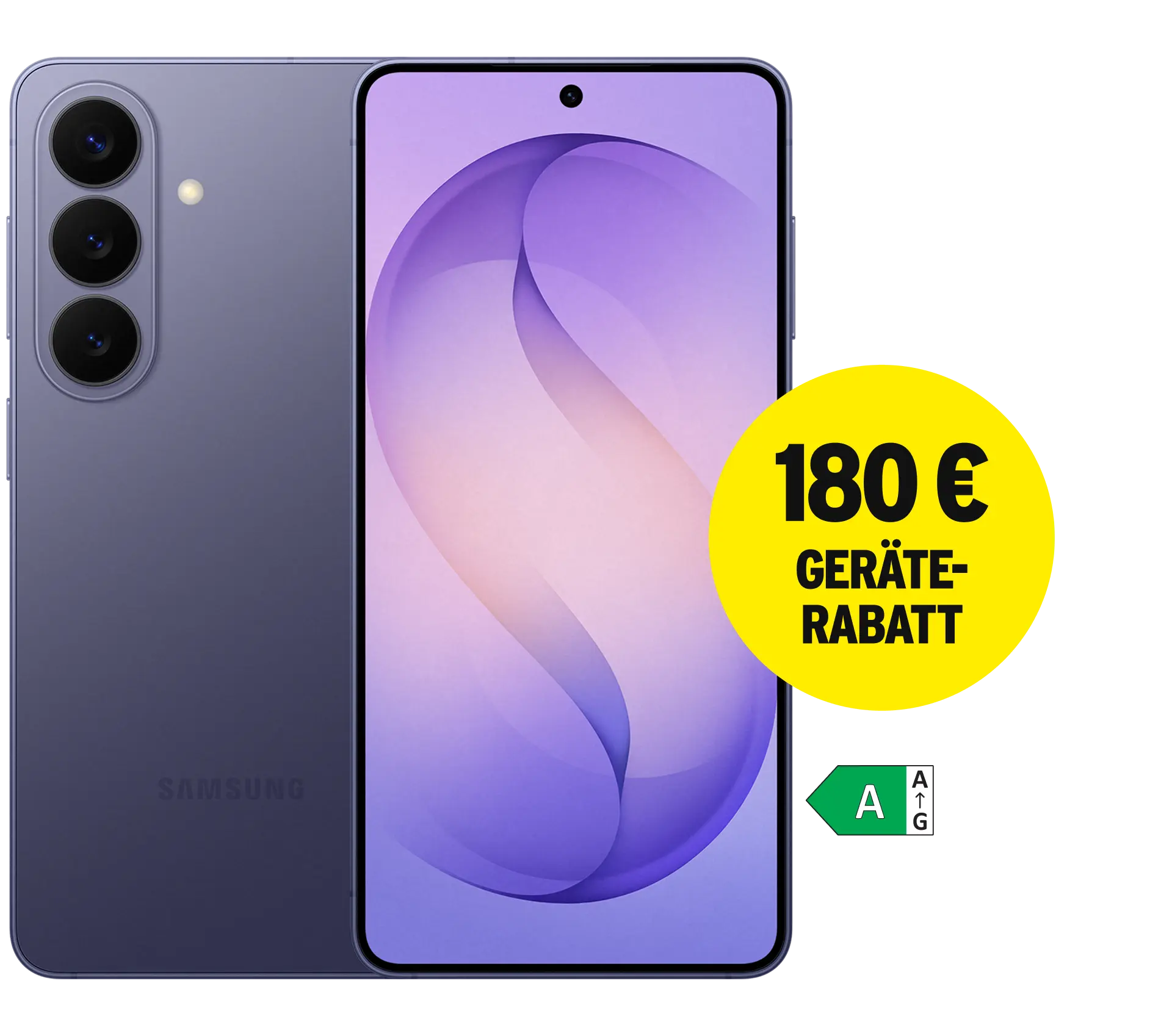 Vorder- und Rückansicht Samsung Galaxy S26 Cobalt Violet. Energieeffizienzklasse A. 180 € Geräte-Rabatt.