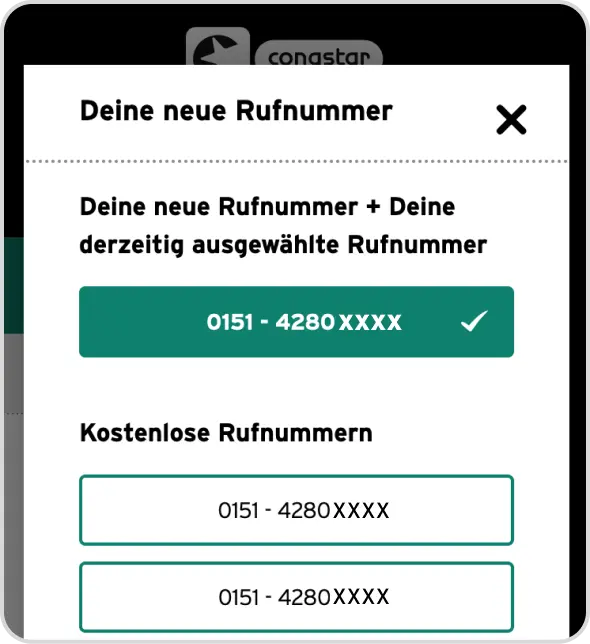 Kostenlose Wunschrufnummer Fenster zur Auswahl einer neuen kostenlosen Rufnummer bei congstar.