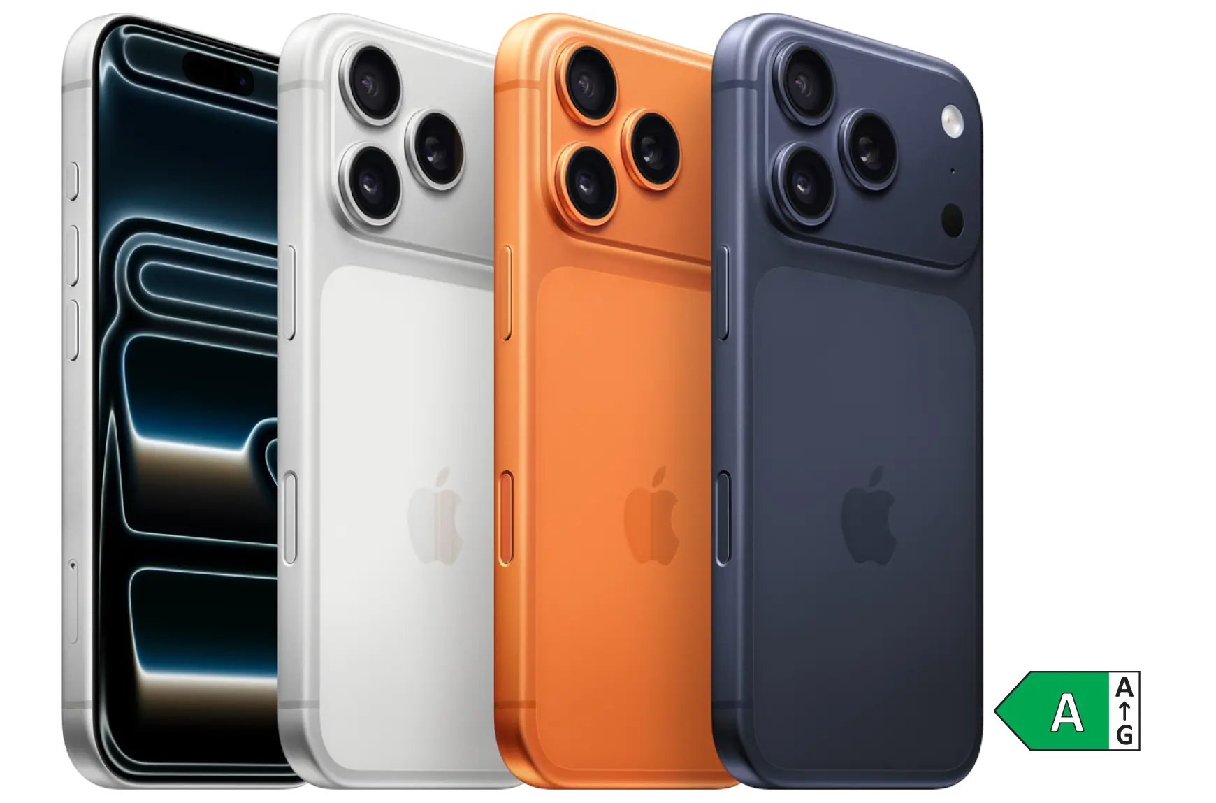 Vier Apple iPhones in verschiedenen Farben nebeneinander aufgereiht, mit Energieeffizienzklasse A Siegel.