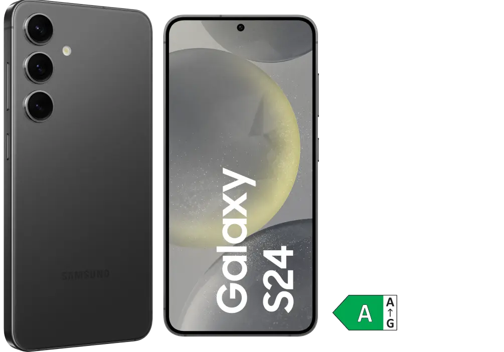 Front- und Rückansicht des Samsung Galaxy S24 mit Dreifach-Kamera. Energieeffizienzklasse A.