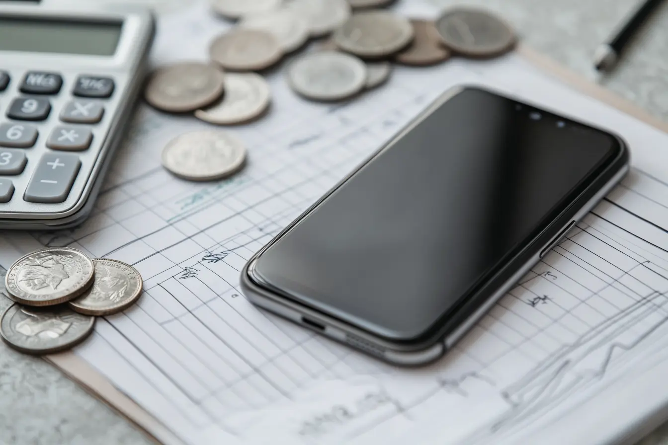 Ein Handy, Taschenrechner und Geld liegen auf einem Tisch