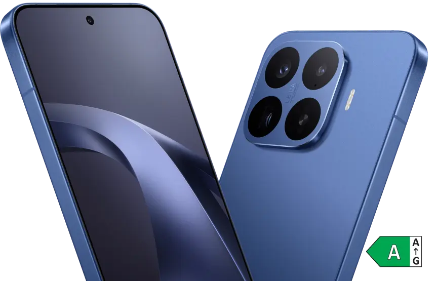 Rück- und Vorderansicht Xiaomi 17T Pro deep blue. Energieeffizienzklasse A.
