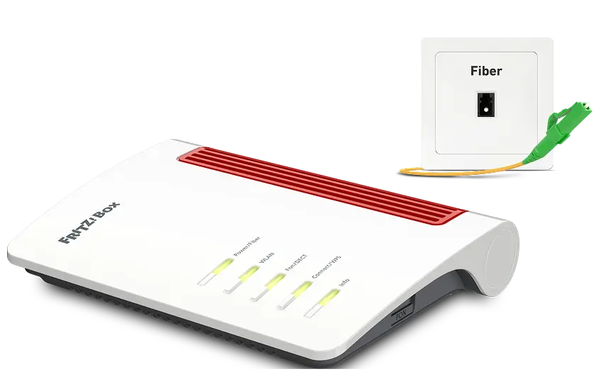 FRITZ!Box 5630 Router mit leuchtenden Status-LEDs, daneben eine Glasfaser-Wandsteckdose mit der Aufschrift „Fiber“ und ein gelbes Glasfaser-Kabel mit Stecker.