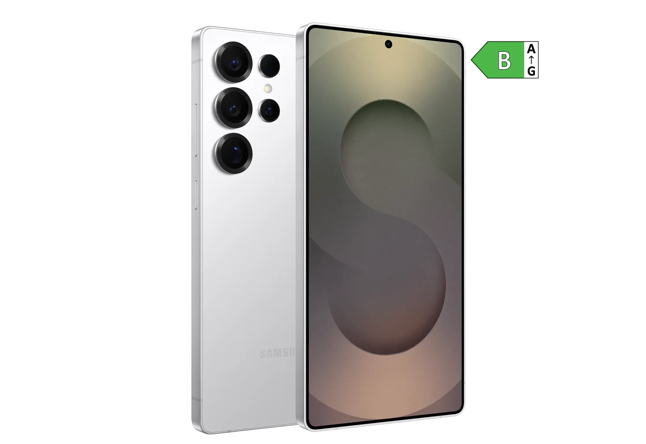 Seitliche Vorder- und Rückansicht Samsung Galaxy S25 Ultra. Energieeffizienzklasse B.