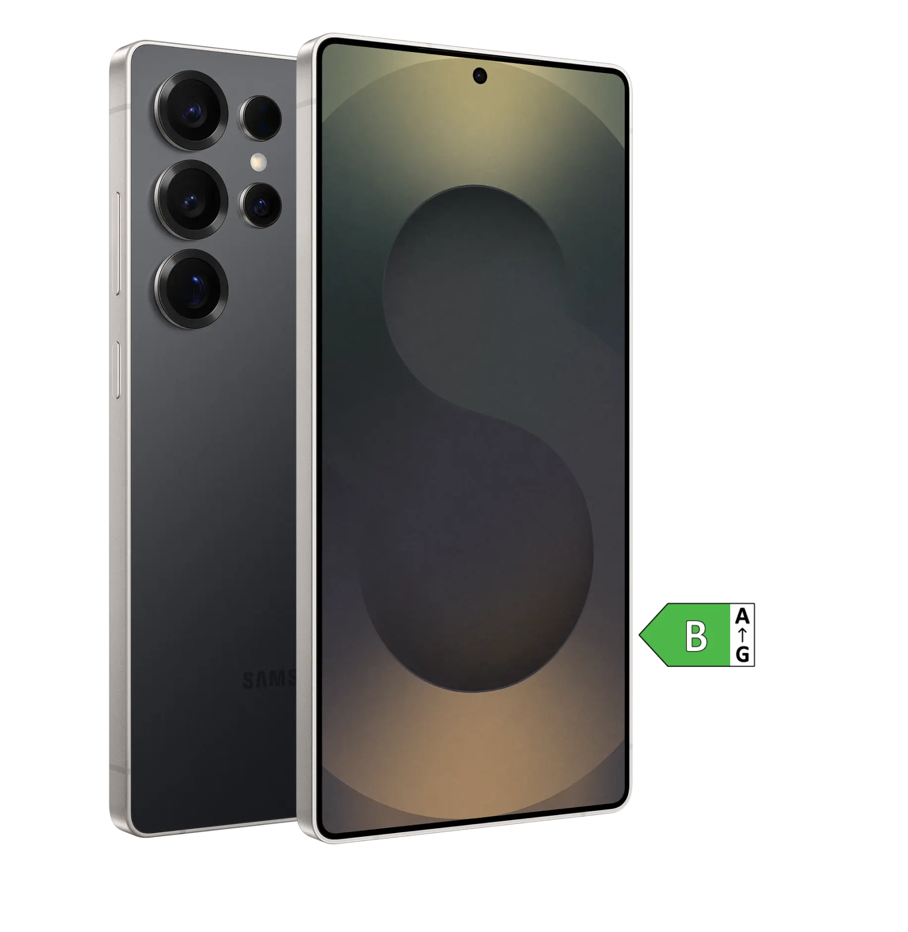Vorder- und Rückansicht Samsung Galaxy S25 Ultra. Energieeffizienzklasse B.