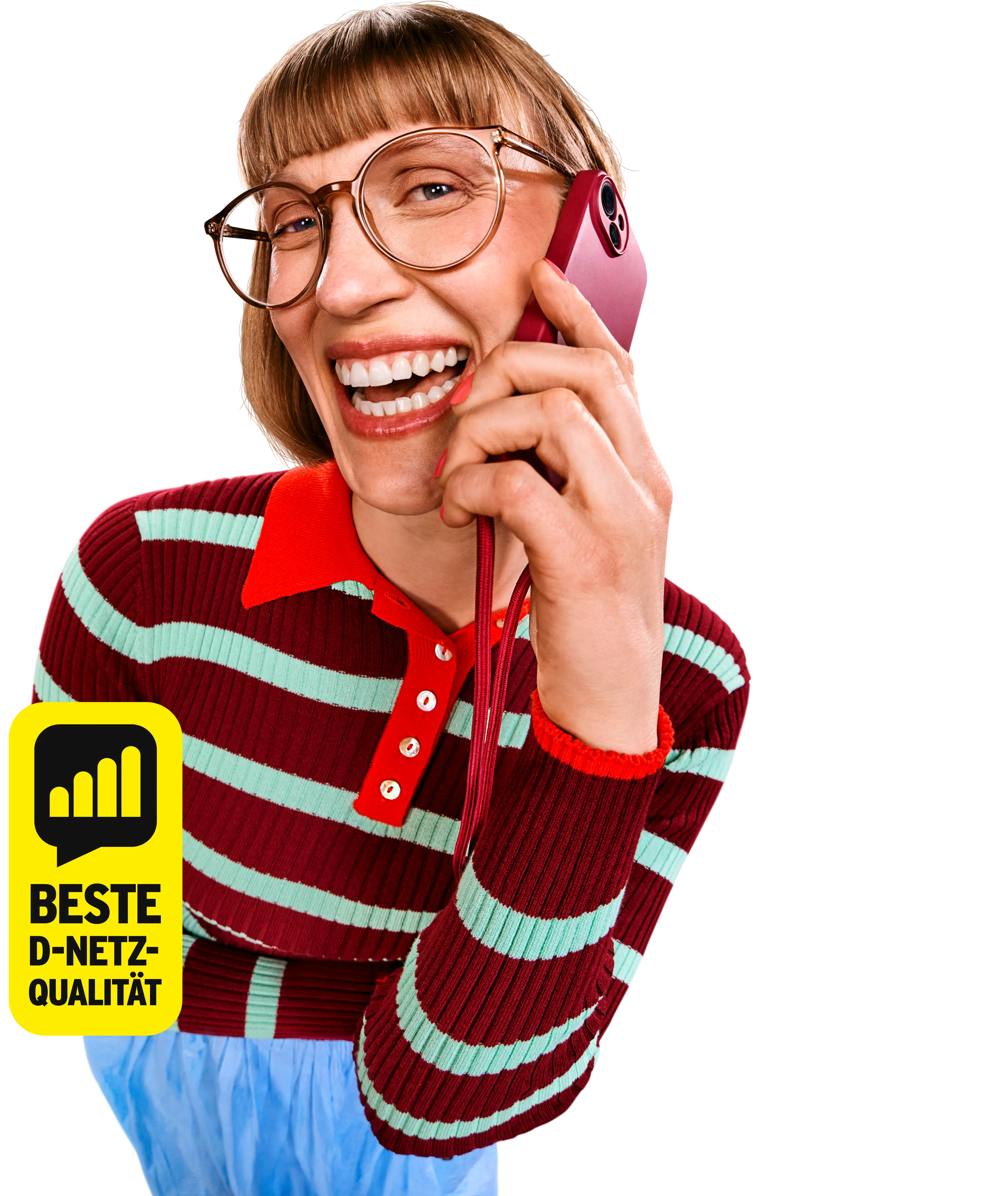 Frau telefoniert lächelnd, Siegel "Beste D-Netz-Qualität"