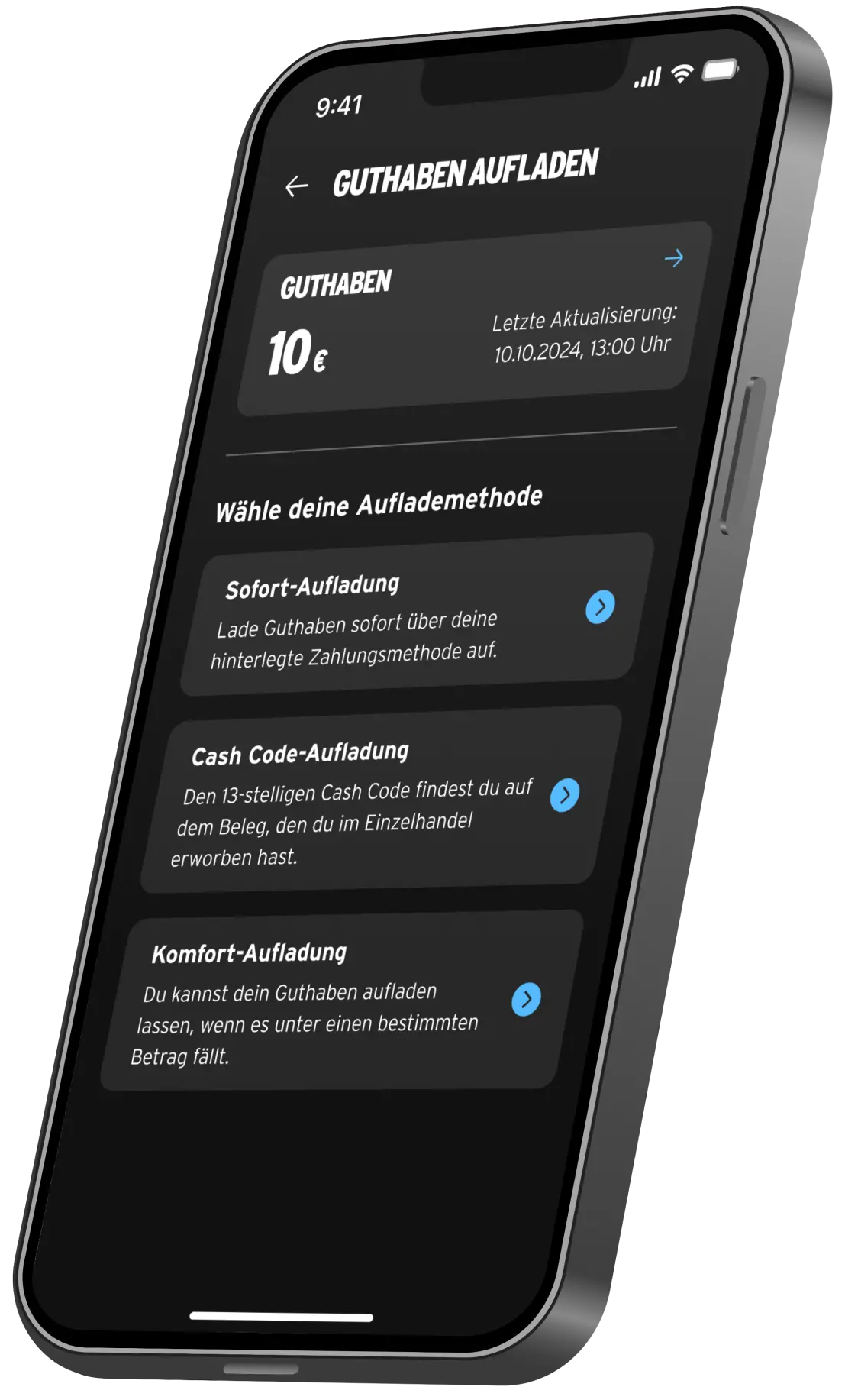 Smartphone zeigt Guthaben Aufladung in der congstar App.