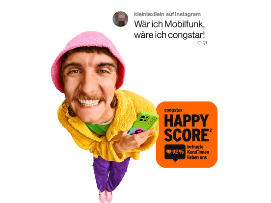 Ein Social-Media-Kommentar: "Wär ich Mobilfunk, wäre ich congstar". congstar HAPPY SCORE: 92% befragte Kund*innen lieben uns.