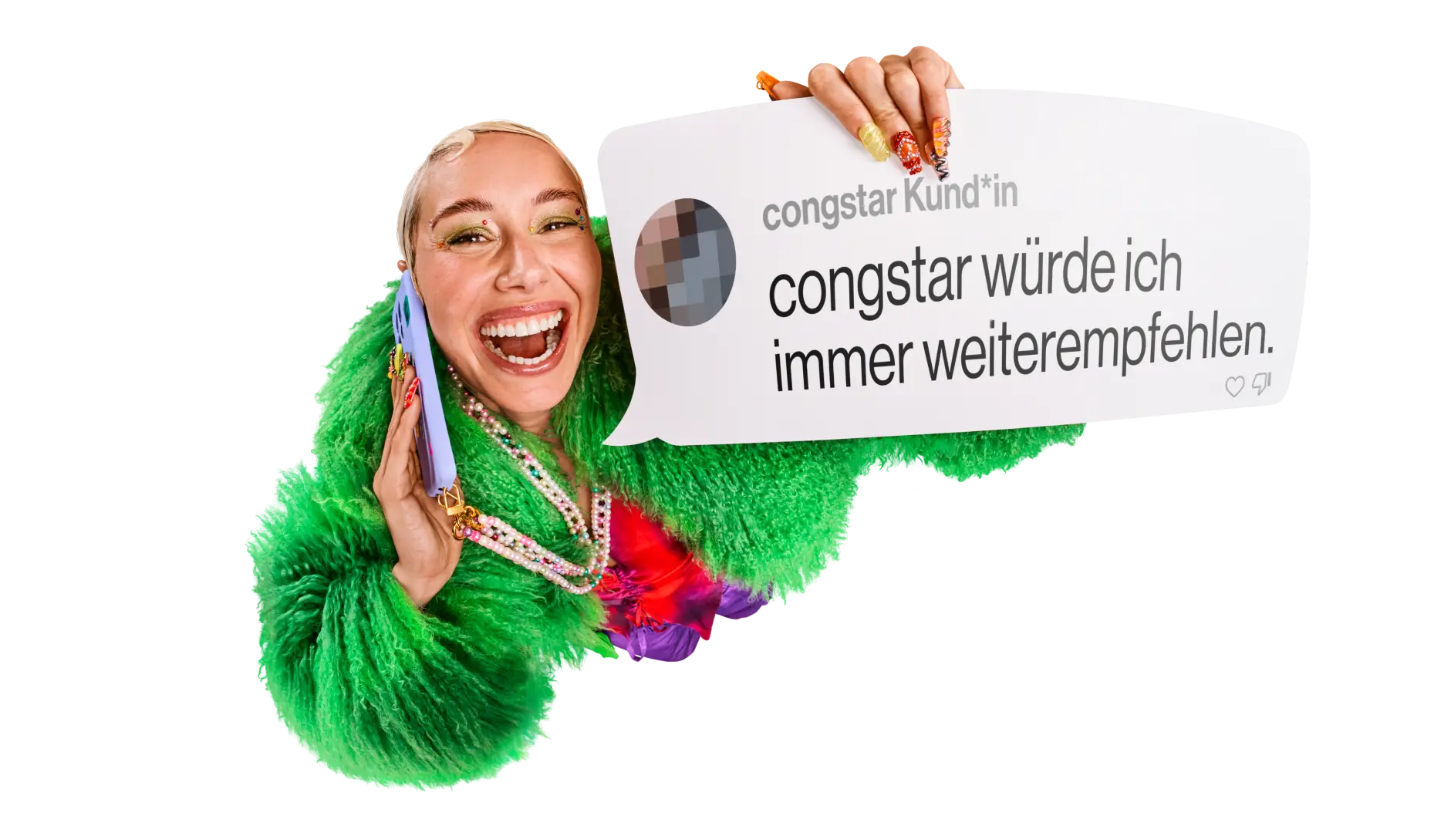 Eine Sprechblase, die den Text "congstar würde ich immer weiterempfehlen" enthält. Dieser Kommentar stammt von einer congstar Kund*in.