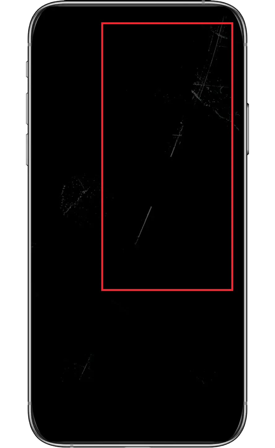 Smartphone mit hervorgehobenem Kratzer im Display.