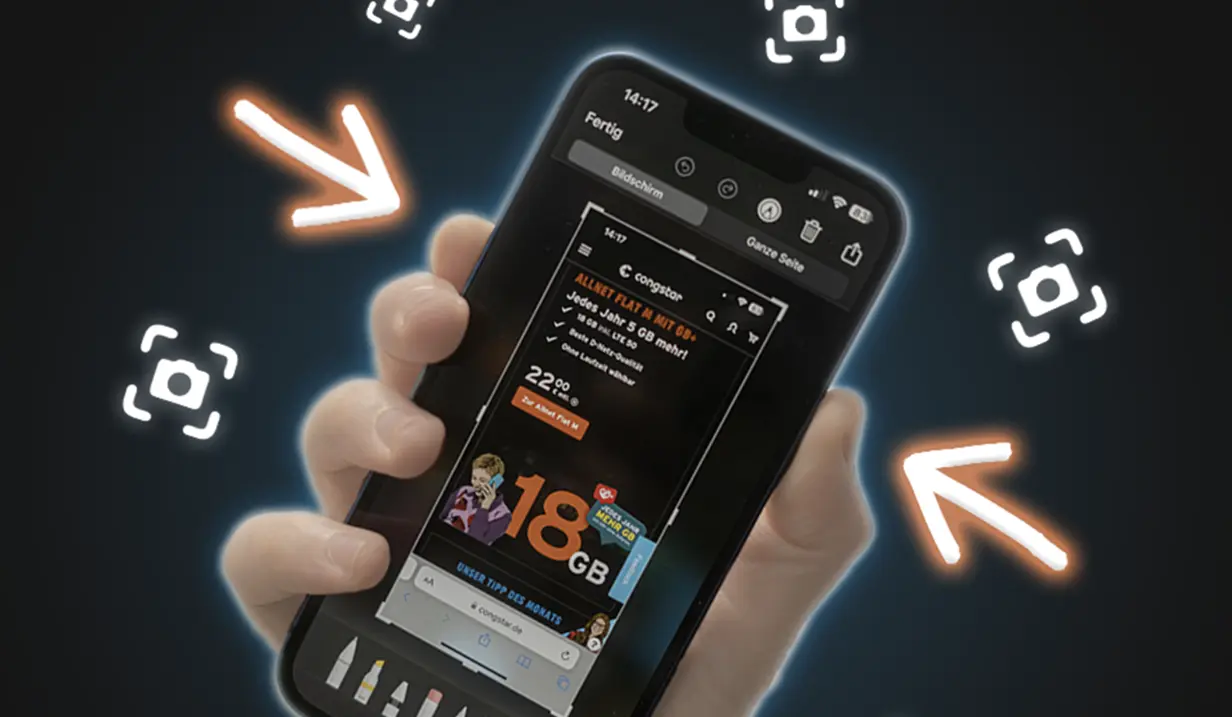 Hand drückt am Smartphone die Tastenkombination für die Screenshots. Leuchtende Pfeile zeigen auf die Tasten.