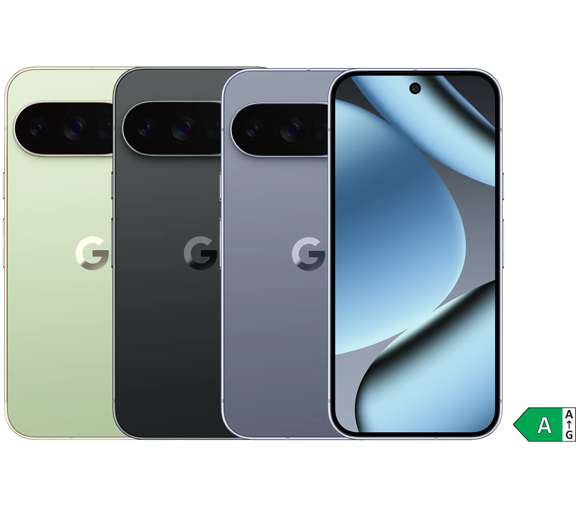 Google Pixel 10 Pro in verschiedenen Farben. Energieeffizienzklasse A.