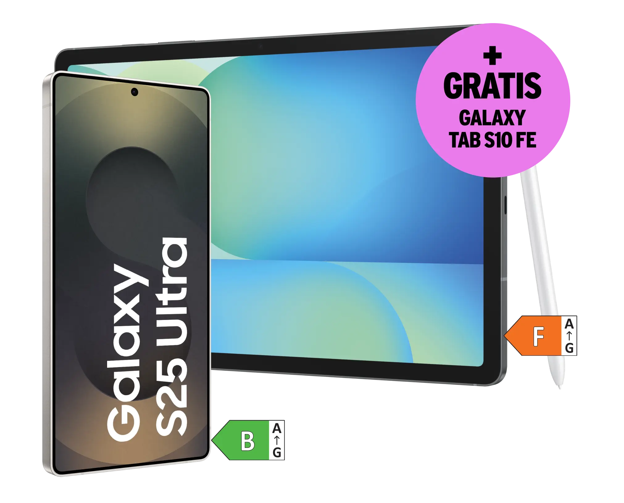 Samsung Galaxy S25 Ultra. Energieeffizienzklasse B. Gratis Galaxy Tab S10 FE. Energieeffizienzklasse F.