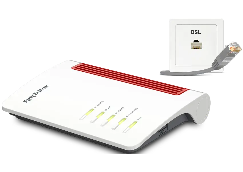 FRITZ!Box 7630 Router mit leuchtenden Status-LEDs, daneben eine DSL-Wandsteckdose mit der Aufschrift „DSL“ und ein graues DSL-Kabel mit Stecker.